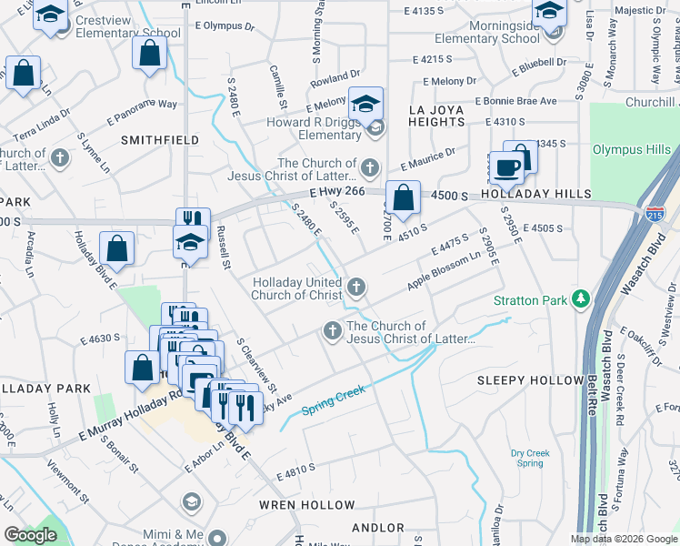 map of restaurants, bars, coffee shops, grocery stores, and more near 2609 East Keddington Lane in Holladay