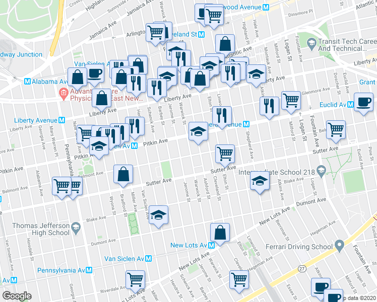 map of restaurants, bars, coffee shops, grocery stores, and more near 456 Warwick Street in Brooklyn