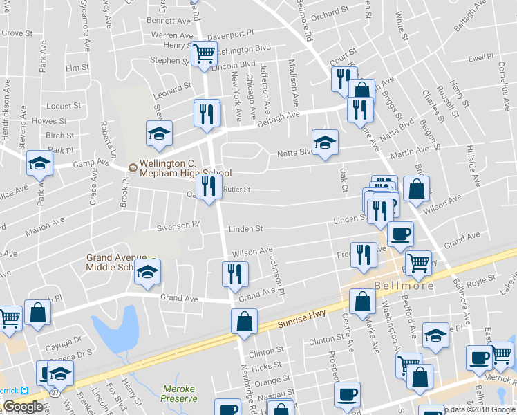 map of restaurants, bars, coffee shops, grocery stores, and more near 2611 Oak Street in Bellmore