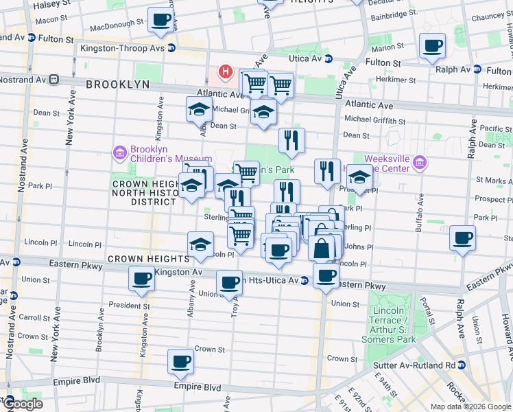 map of restaurants, bars, coffee shops, grocery stores, and more near 1282 Park Place in Brooklyn