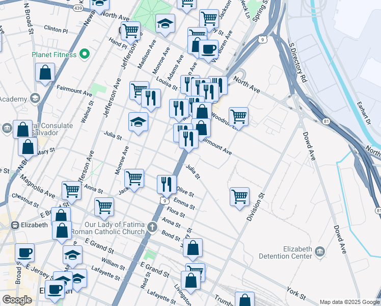 map of restaurants, bars, coffee shops, grocery stores, and more near 561 Spring Street in Elizabeth