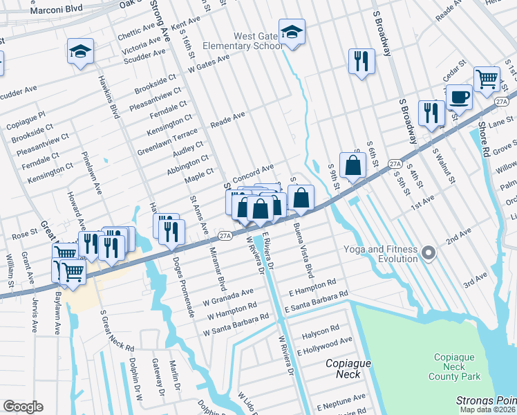 map of restaurants, bars, coffee shops, grocery stores, and more near 580 South 16th Street in Lindenhurst