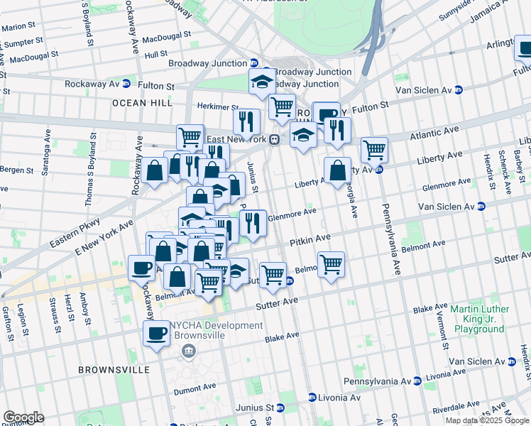 map of restaurants, bars, coffee shops, grocery stores, and more near 109 Junius Street in Brooklyn