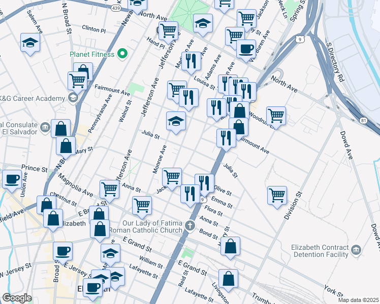 map of restaurants, bars, coffee shops, grocery stores, and more near 1044 Julia Street in Elizabeth