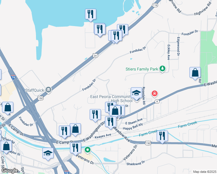 map of restaurants, bars, coffee shops, grocery stores, and more near 404 Woodrow Drive in East Peoria