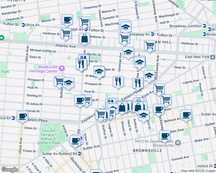map of restaurants, bars, coffee shops, grocery stores, and more near 1752 Prospect Place in Brooklyn