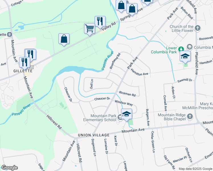 map of restaurants, bars, coffee shops, grocery stores, and more near 340 Riverbend Road in Berkeley Heights