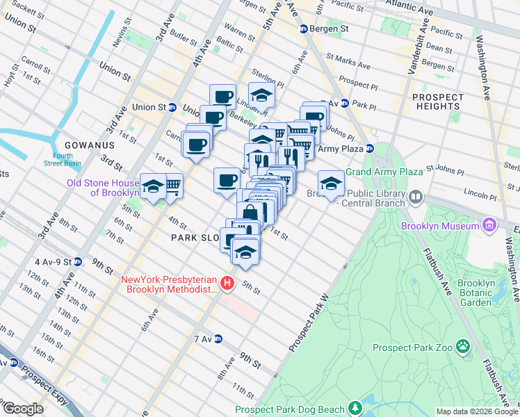 map of restaurants, bars, coffee shops, grocery stores, and more near 425 1st Street in Brooklyn
