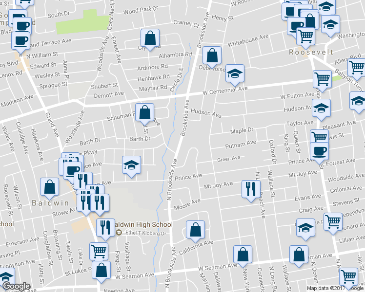map of restaurants, bars, coffee shops, grocery stores, and more near 548 Brookside Avenue in Roosevelt