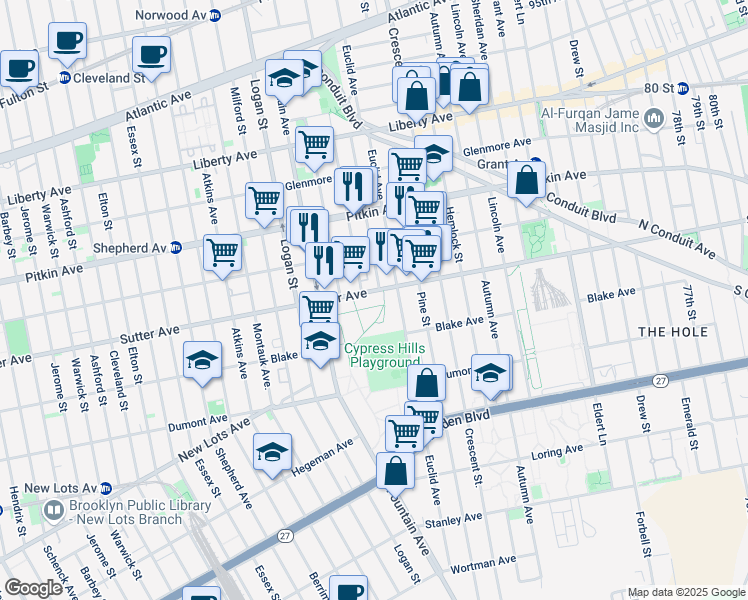 map of restaurants, bars, coffee shops, grocery stores, and more near 1230 Sutter Avenue in Brooklyn
