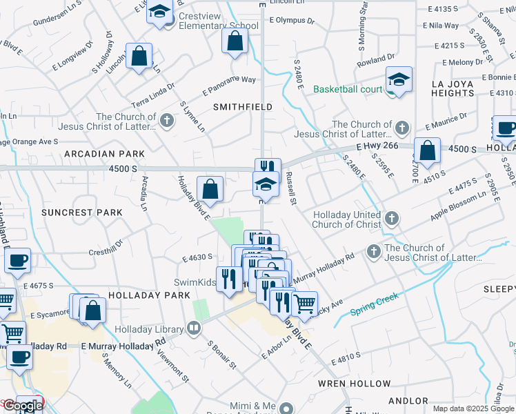 map of restaurants, bars, coffee shops, grocery stores, and more near 4560 Holladay Boulevard east in Holladay
