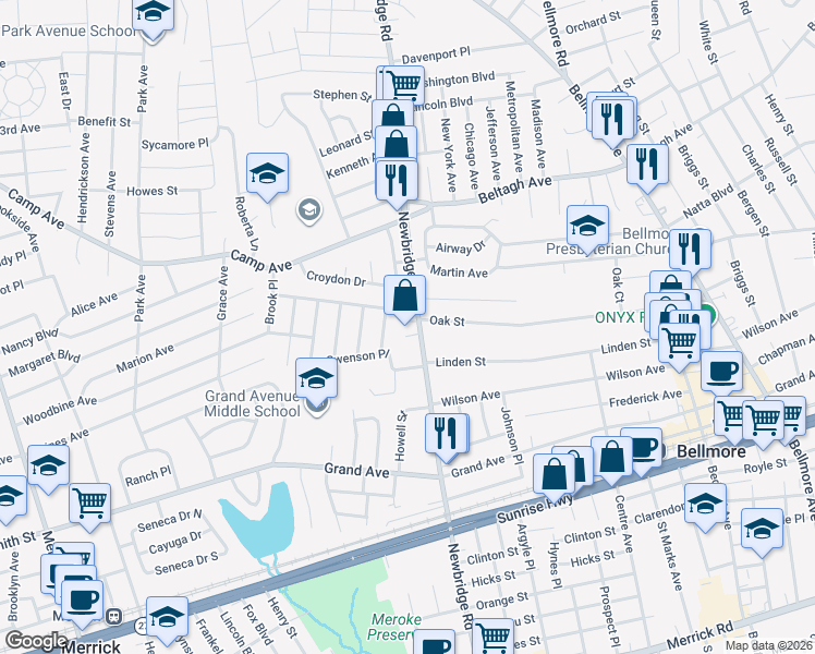 map of restaurants, bars, coffee shops, grocery stores, and more near 2030 Newbridge Road in Bellmore