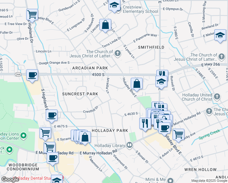 map of restaurants, bars, coffee shops, grocery stores, and more near 4554 South 2120 East in Salt Lake City