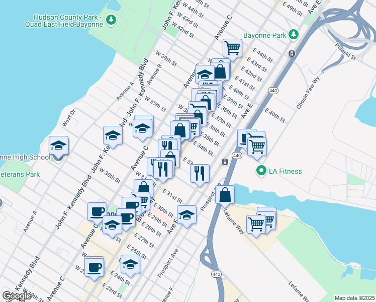 map of restaurants, bars, coffee shops, grocery stores, and more near 748 Broadway in Bayonne