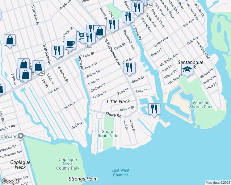 map of restaurants, bars, coffee shops, grocery stores, and more near 55 Linden Street in Lindenhurst