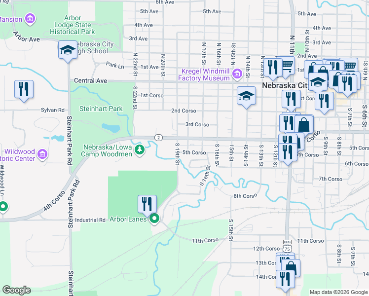 map of restaurants, bars, coffee shops, grocery stores, and more near 550-598 South 18th Street in Nebraska City