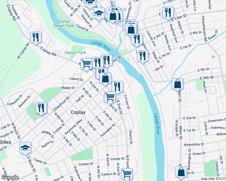map of restaurants, bars, coffee shops, grocery stores, and more near 123 Keystone Alley in Coplay