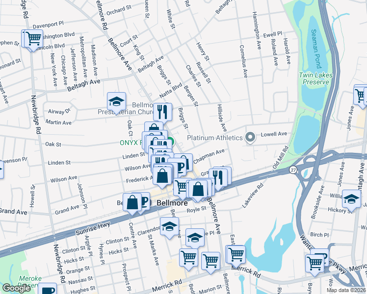 map of restaurants, bars, coffee shops, grocery stores, and more near 2777 Wilson Avenue in Bellmore