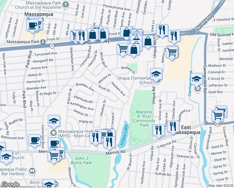 map of restaurants, bars, coffee shops, grocery stores, and more near 30 Scott Street in Massapequa Park
