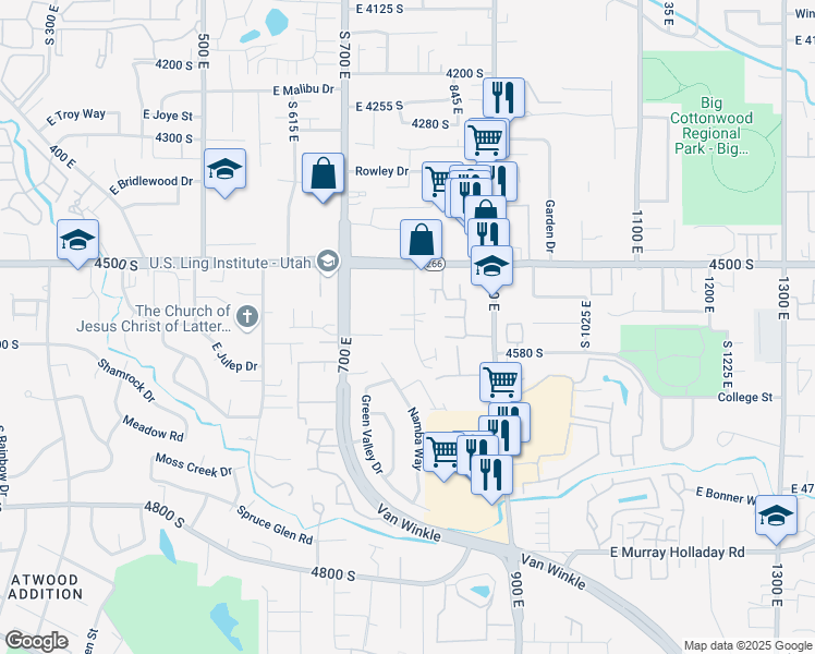 map of restaurants, bars, coffee shops, grocery stores, and more near 4552 South 785 East in Salt Lake City