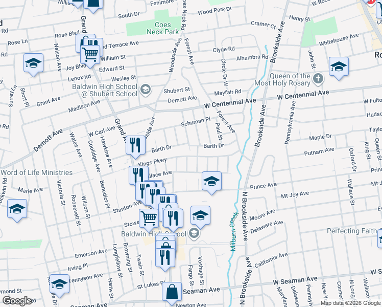 map of restaurants, bars, coffee shops, grocery stores, and more near 895 Kings Parkway in Baldwin