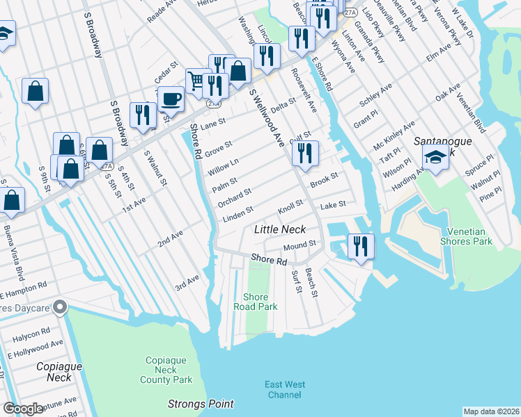 map of restaurants, bars, coffee shops, grocery stores, and more near 55 Linden Street in Lindenhurst