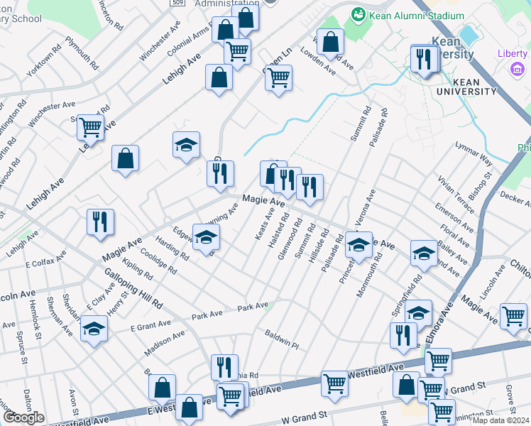 map of restaurants, bars, coffee shops, grocery stores, and more near 246 Keats Avenue in Elizabeth