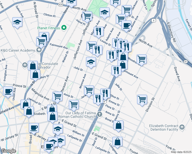 map of restaurants, bars, coffee shops, grocery stores, and more near 1044 Julia Street in Elizabeth