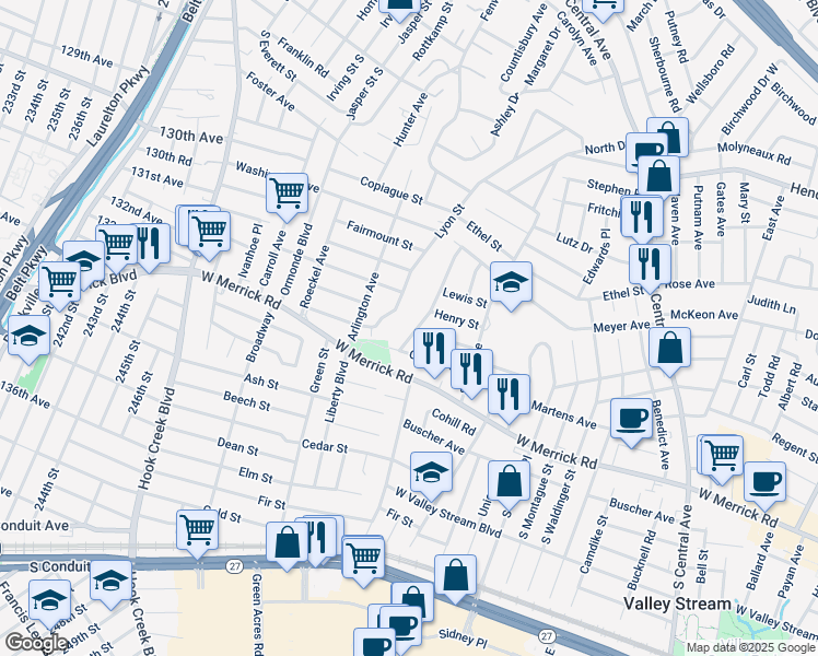 map of restaurants, bars, coffee shops, grocery stores, and more near 50 Guenther Avenue in Valley Stream