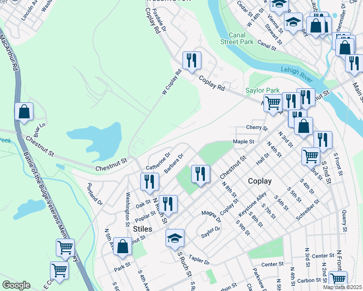 map of restaurants, bars, coffee shops, grocery stores, and more near 841 Catherine Drive in Coplay