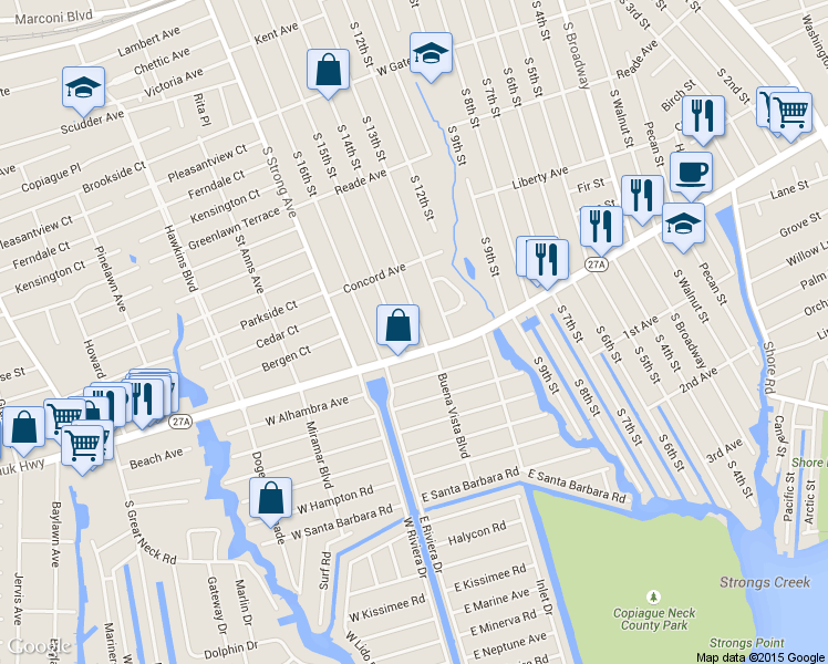 map of restaurants, bars, coffee shops, grocery stores, and more near 591 South 14th Street in Lindenhurst