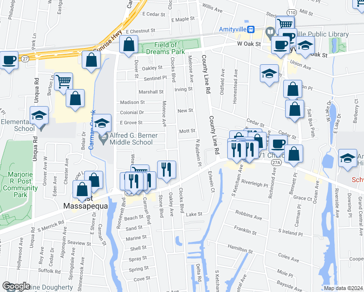 map of restaurants, bars, coffee shops, grocery stores, and more near 710 Clocks Boulevard in Massapequa