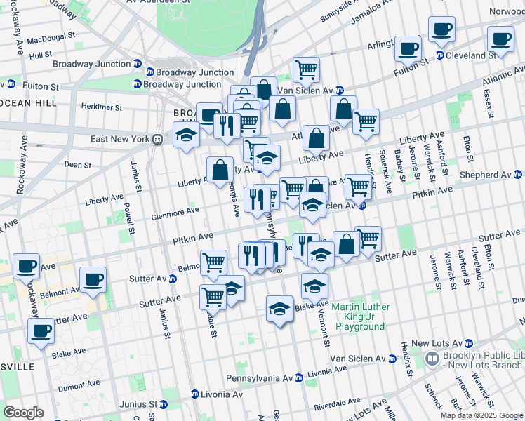 map of restaurants, bars, coffee shops, grocery stores, and more near 214 Granville Payne Avenue in Brooklyn