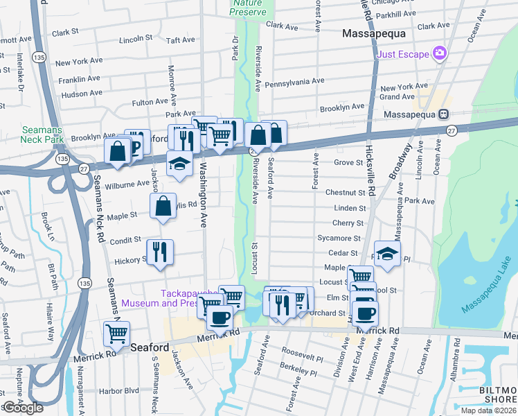map of restaurants, bars, coffee shops, grocery stores, and more near 63 Riverside Avenue in Massapequa