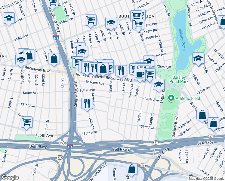 map of restaurants, bars, coffee shops, grocery stores, and more near 127-19 143rd Street in Queens