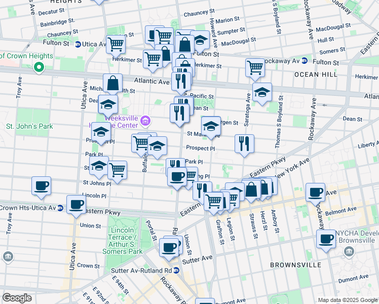 map of restaurants, bars, coffee shops, grocery stores, and more near 1658 Prospect Place in Brooklyn