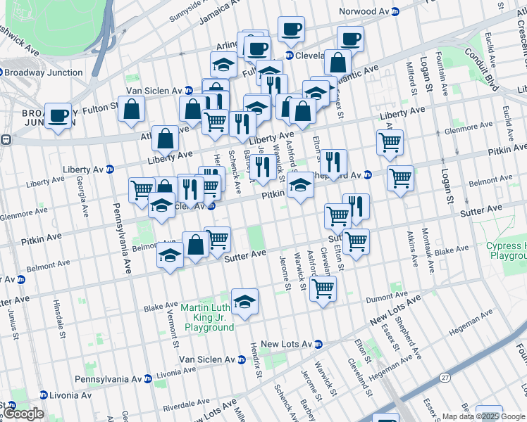 map of restaurants, bars, coffee shops, grocery stores, and more near 417 Barbey Street in Brooklyn