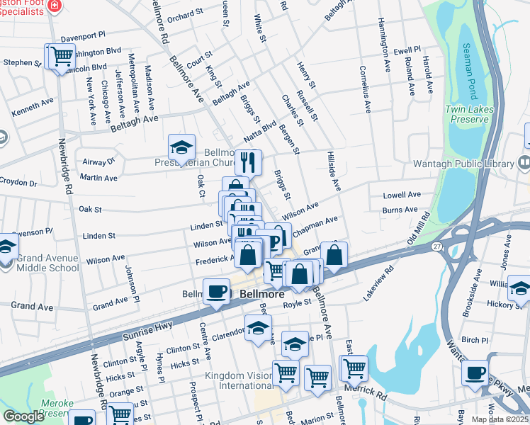 map of restaurants, bars, coffee shops, grocery stores, and more near 2080 Bellmore Avenue in Bellmore