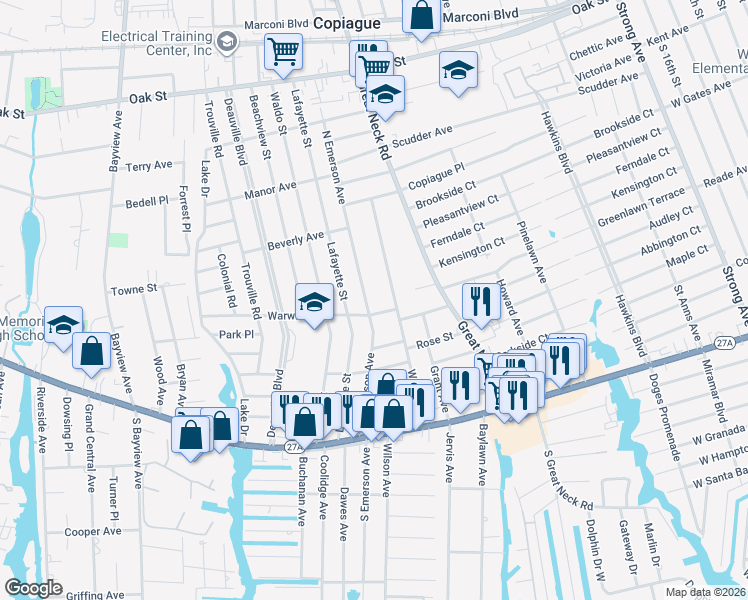 map of restaurants, bars, coffee shops, grocery stores, and more near 37 William Street in Copiague