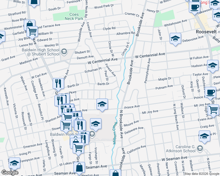 map of restaurants, bars, coffee shops, grocery stores, and more near 983 Kings Parkway in Baldwin