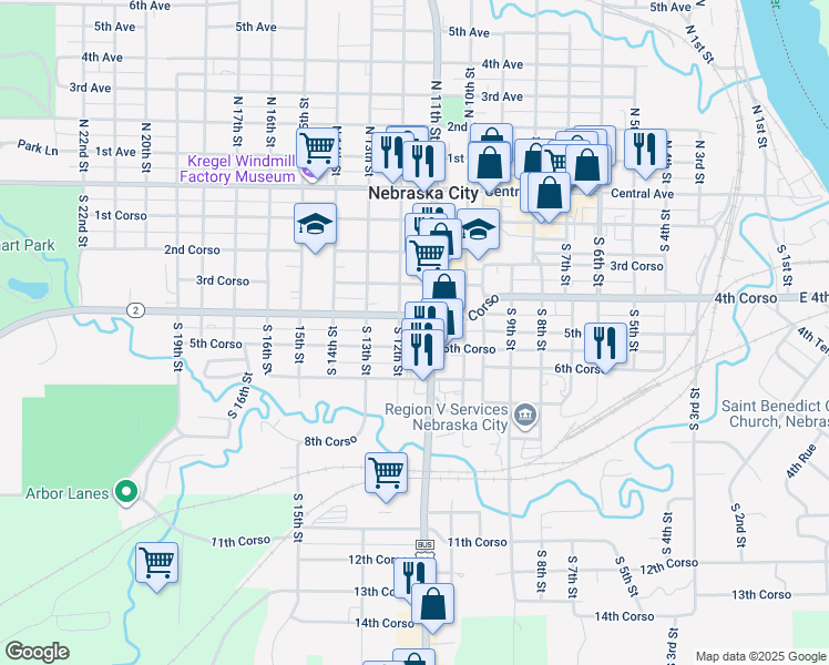 map of restaurants, bars, coffee shops, grocery stores, and more near 503 South 11th Street in Nebraska City