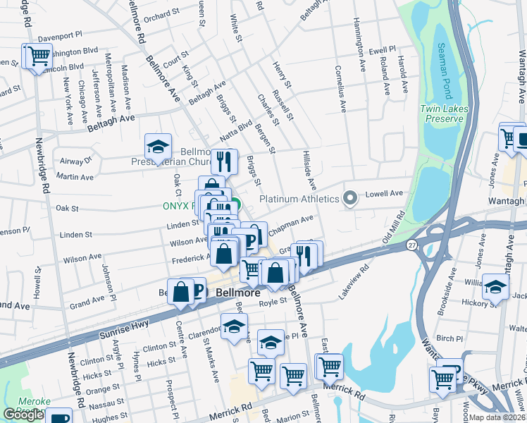 map of restaurants, bars, coffee shops, grocery stores, and more near 2777 Wilson Avenue in Bellmore