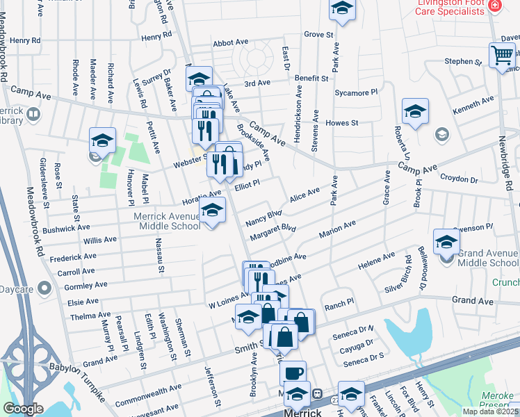 map of restaurants, bars, coffee shops, grocery stores, and more near 14 Woodland Terrace in Merrick