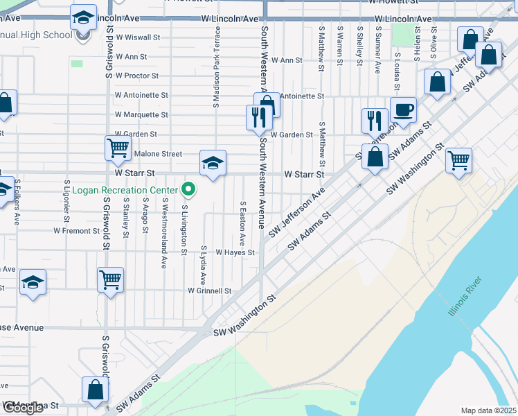 map of restaurants, bars, coffee shops, grocery stores, and more near 1415 South Western Avenue in Peoria