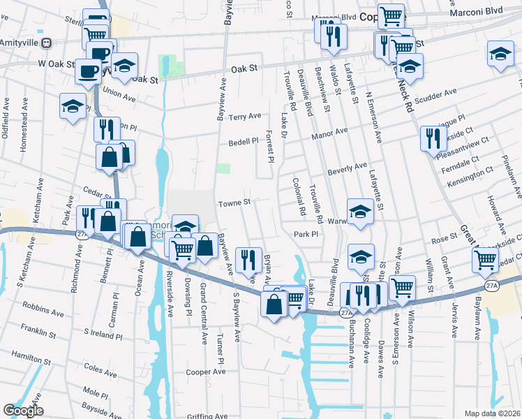 map of restaurants, bars, coffee shops, grocery stores, and more near 12 Peppermill Lane in Amityville