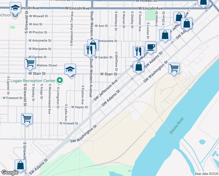 map of restaurants, bars, coffee shops, grocery stores, and more near 3014 Southwest Jefferson Avenue in Peoria