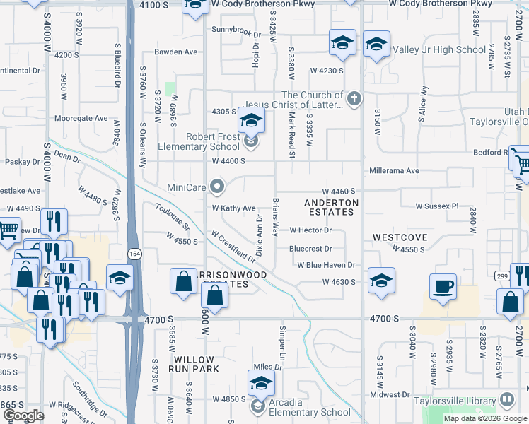 map of restaurants, bars, coffee shops, grocery stores, and more near 3443 West Kathy Avenue in West Valley City