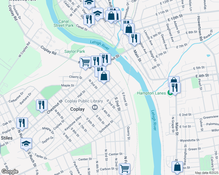 map of restaurants, bars, coffee shops, grocery stores, and more near 21 South 2nd Street in Coplay