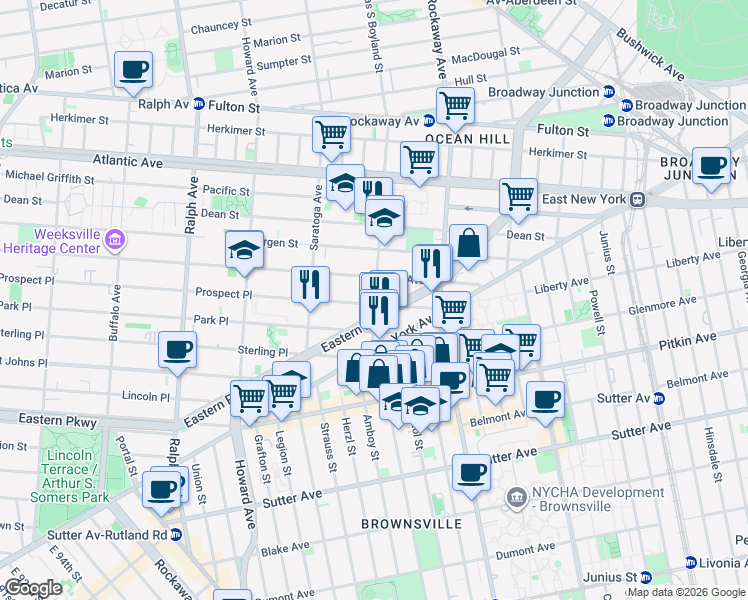 map of restaurants, bars, coffee shops, grocery stores, and more near 350 Thomas S Boyland Street in Brooklyn