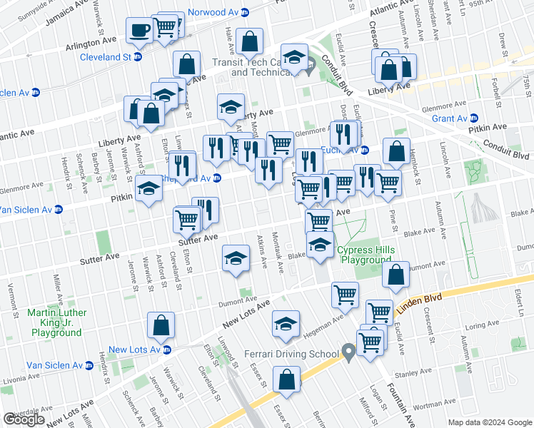 map of restaurants, bars, coffee shops, grocery stores, and more near 260 Montauk Avenue in Brooklyn